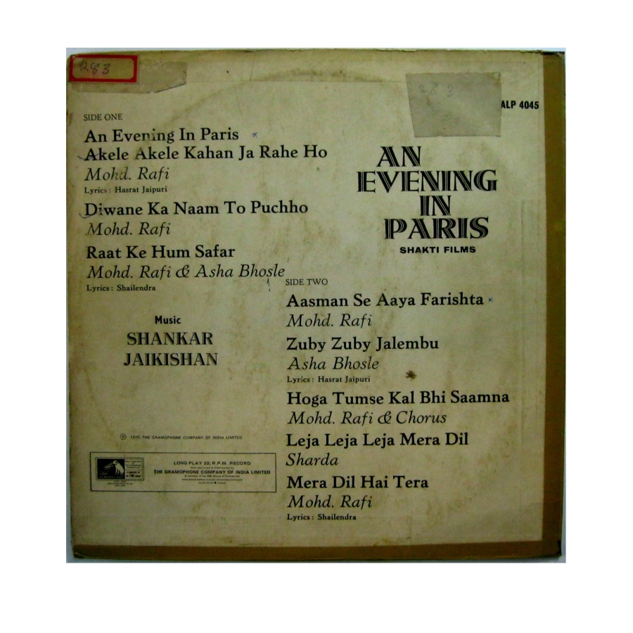 Hindi film vinyl records for sale: Buy rare An Evening in Paris LP back cover