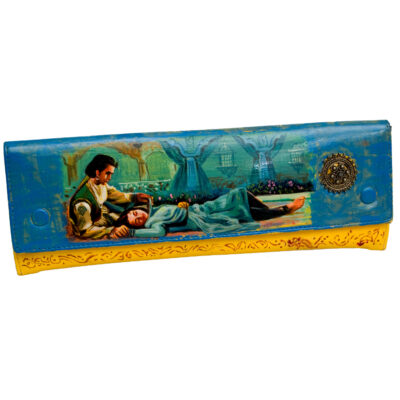 Painted leather clutch featuring vintage Bollywood movie poster art for sale