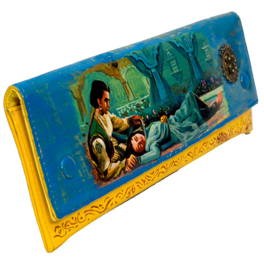 Hand painted clutch by Bollywood movie poster artists