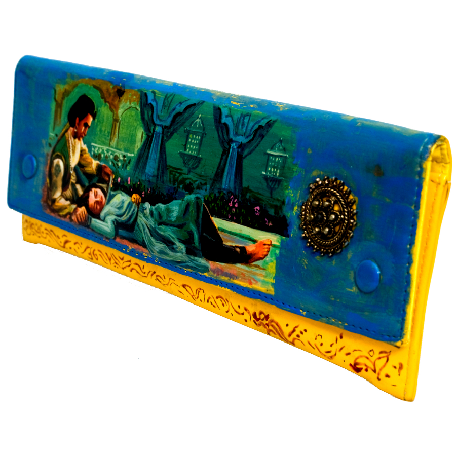 Hand painted clutch purses made by old Bollywood film poster artists